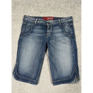 Guess Bermuda Shorts Womens 29 Blue Y2K Embroidered Tramp Stamp Stretch Low Rise